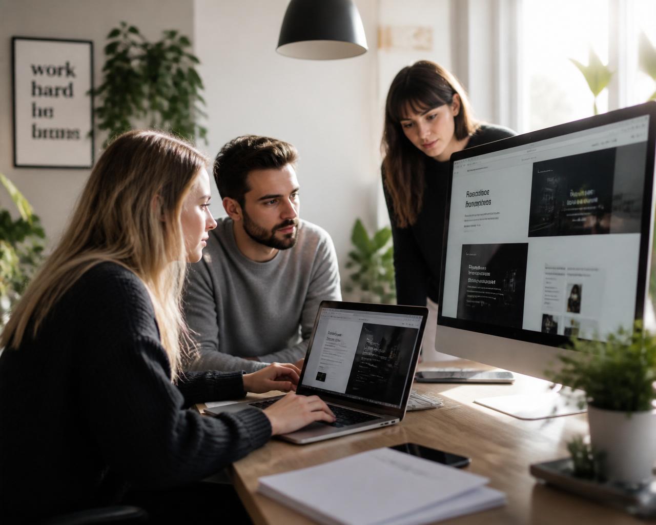 Digital agency team collaborating on website designs in a modern office